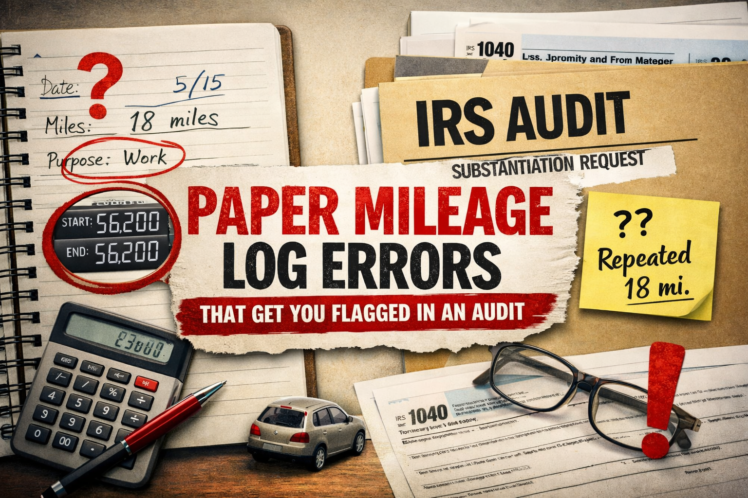 Open paper mileage log with repeated mileage entries, odometer errors, and vague trip purposes beside an IRS notice and calculator, illustrating audit-triggering mileage log mistakes.