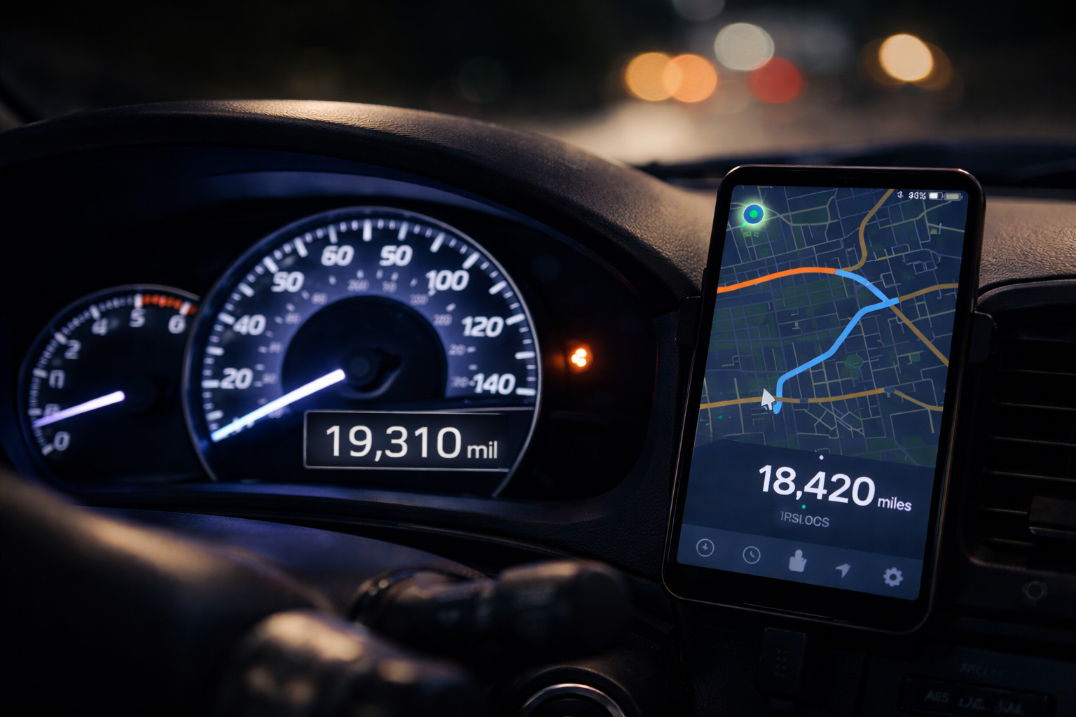 Car dashboard with odometer and smartphone GPS map used for mileage tracking.